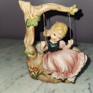 Vintage Napco Girl on Tree Swing Ceramic Planter – Japan 1950s